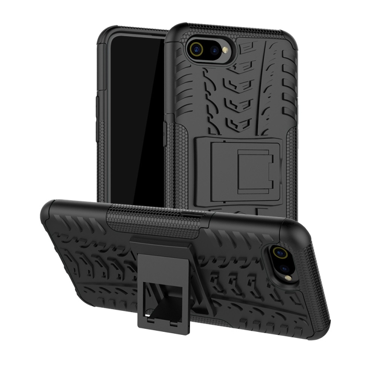 

Tire Texture TPU+PC Shockproof Case for OPPO Realme C2 /A1k, with Holder (Black)