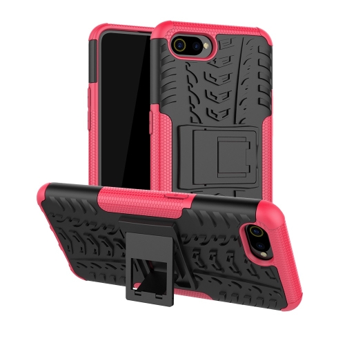 

Tire Texture TPU+PC Shockproof Case for OPPO Realme C2 /A1k, with Holder (Pink)