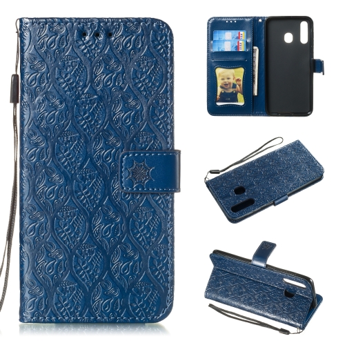 

Pressed Printing Rattan Flower Pattern Horizontal Flip PU Leather Case for Galaxy A20 / A30 / A50, with Holder & Card Slots & Wallet & Photo Frame (Dark Blue)