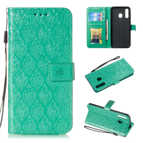 

Pressed Printing Rattan Flower Pattern Horizontal Flip PU Leather Case for Galaxy A20 / A30 / A50, with Holder & Card Slots & Wallet & Photo Frame (Green)