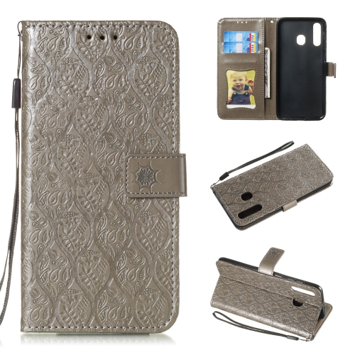 

Pressed Printing Rattan Flower Pattern Horizontal Flip PU Leather Case for Galaxy A20 / A30 / A50, with Holder & Card Slots & Wallet & Photo Frame (Grey)