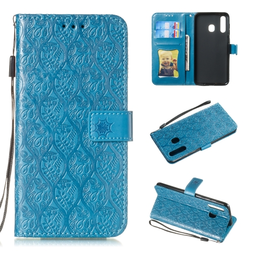 

Pressed Printing Rattan Flower Pattern Horizontal Flip PU Leather Case for Galaxy A20 / A30 / A50, with Holder & Card Slots & Wallet & Photo Frame (Blue)