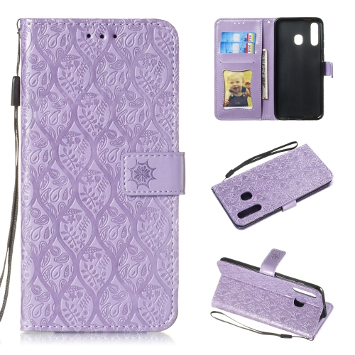 

Pressed Printing Rattan Flower Pattern Horizontal Flip PU Leather Case for Galaxy A20 / A30 / A50, with Holder & Card Slots & Wallet & Photo Frame (Purple)