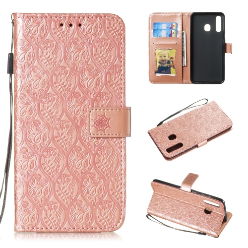 

Pressed Printing Rattan Flower Pattern Horizontal Flip PU Leather Case for Galaxy A20 / A30 / A50, with Holder & Card Slots & Wallet & Photo Frame (Rose Gold)
