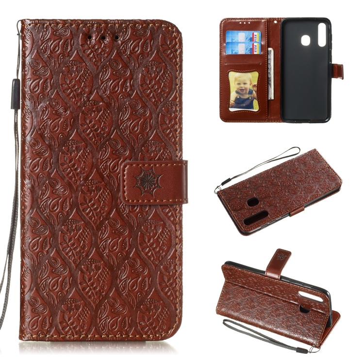 

Pressed Printing Rattan Flower Pattern Horizontal Flip PU Leather Case for Galaxy A20 / A30 / A50, with Holder & Card Slots & Wallet & Photo Frame (Brown)