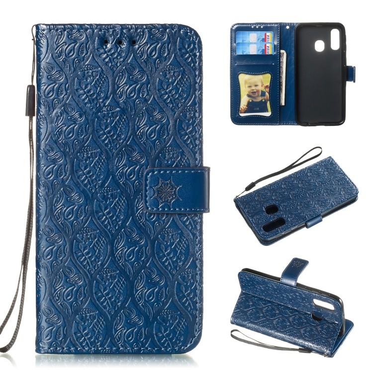 

Pressed Printing Rattan Flower Pattern Horizontal Flip PU Leather Case for Galaxy A40, with Holder & Card Slots & Wallet & Photo Frame (Dark Blue)