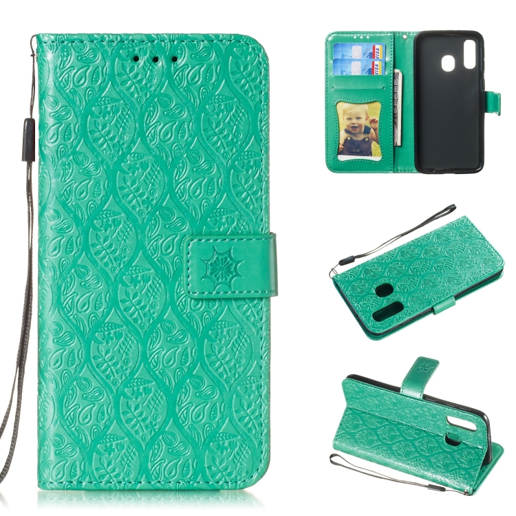 

Pressed Printing Rattan Flower Pattern Horizontal Flip PU Leather Case for Galaxy A40, with Holder & Card Slots & Wallet & Photo Frame (Green)