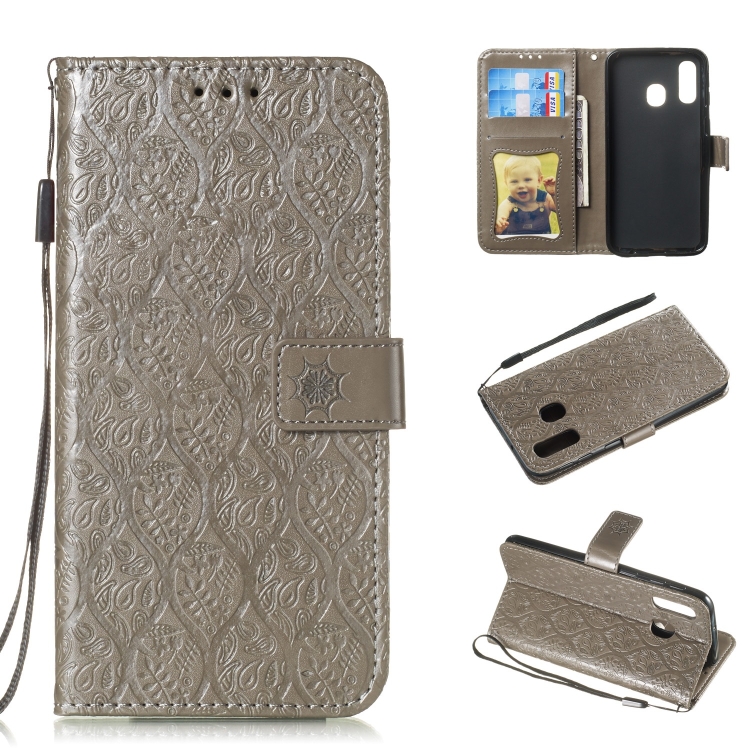 

Pressed Printing Rattan Flower Pattern Horizontal Flip PU Leather Case for Galaxy A40, with Holder & Card Slots & Wallet & Photo Frame (Grey)
