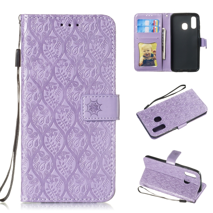 

Pressed Printing Rattan Flower Pattern Horizontal Flip PU Leather Case for Galaxy A40, with Holder & Card Slots & Wallet & Photo Frame (Purple)