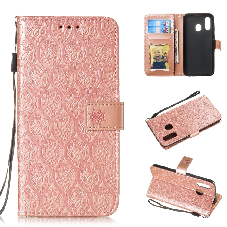 

Pressed Printing Rattan Flower Pattern Horizontal Flip PU Leather Case for Galaxy A40, with Holder & Card Slots & Wallet & Photo Frame (Rose Gold)