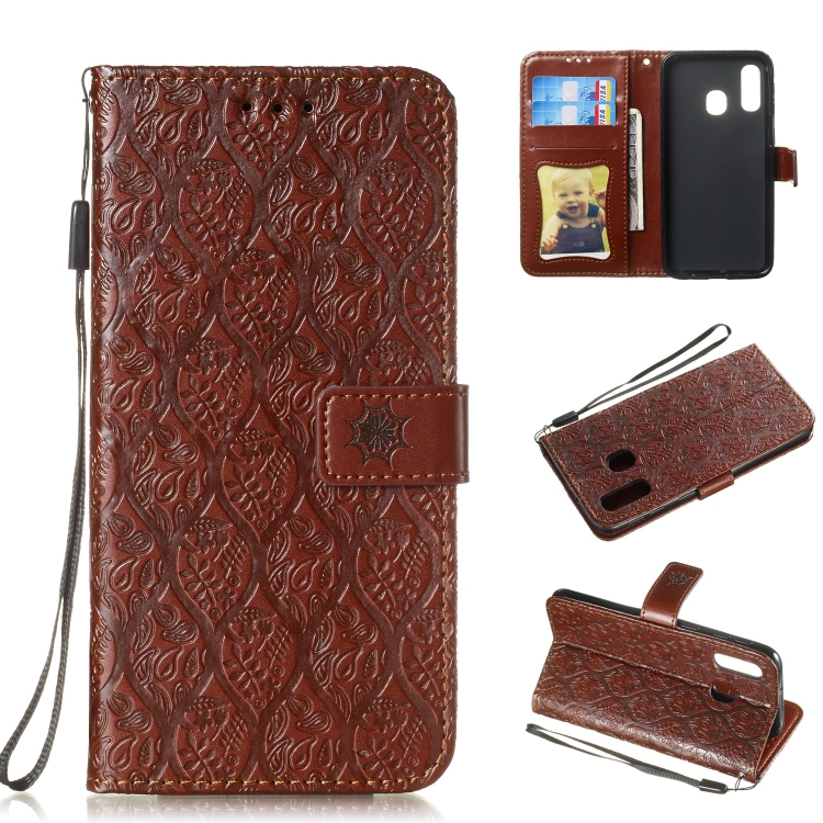 

Pressed Printing Rattan Flower Pattern Horizontal Flip PU Leather Case for Galaxy A40, with Holder & Card Slots & Wallet & Photo Frame (Brown)