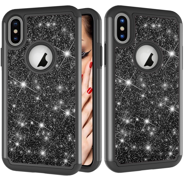 

Glitter Powder Contrast Skin Shockproof Silicone + PC Protective Case for iPhone X / XS (Black)