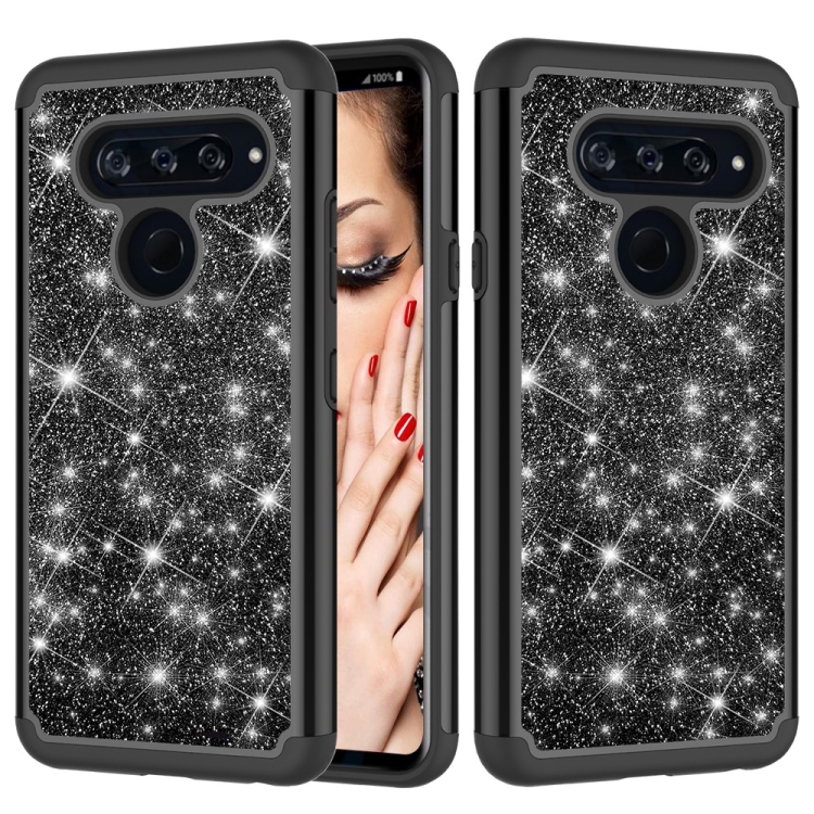 

Glitter Powder Contrast Skin Shockproof Silicone + PC Protective Case for LG V40 ThinQ (Black)