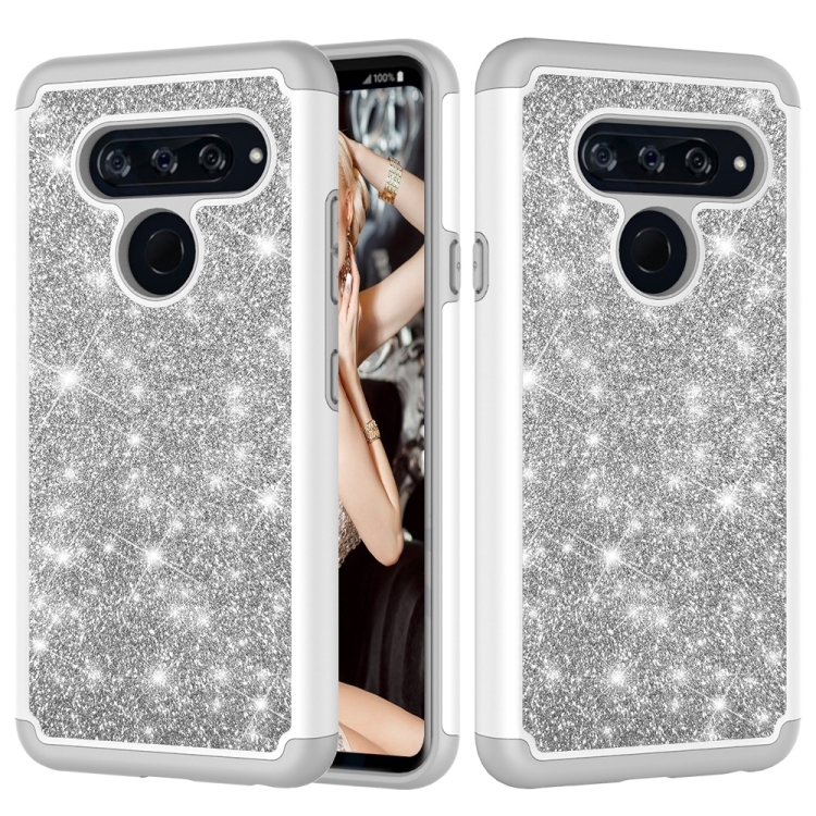 

Glitter Powder Contrast Skin Shockproof Silicone + PC Protective Case for LG V40 ThinQ (Grey)