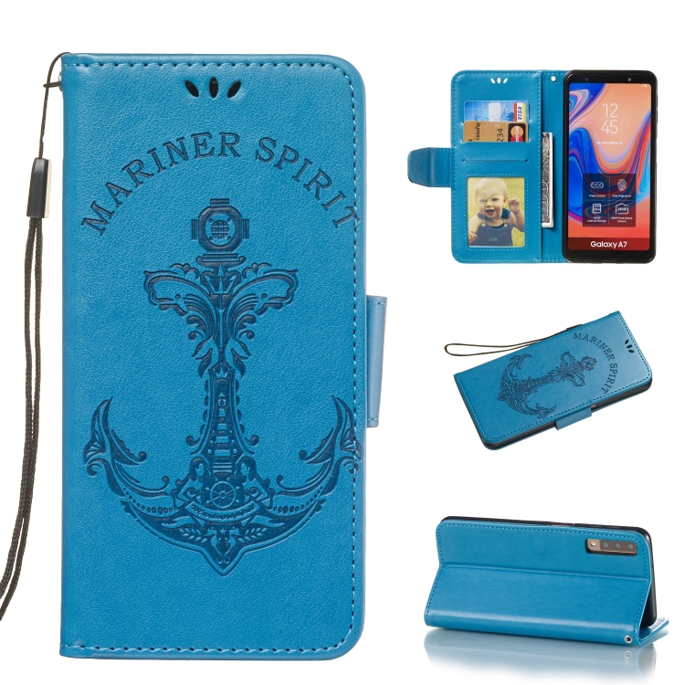 

Pressed Printing Mermaid Anchor Pattern Horizontal Flip PU Leather Case for Galaxy A7 (2018) / A750, with Holder & Card Slots & Wallet & Photo Frame (Blue)