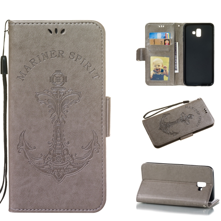 

Pressed Printing Mermaid Anchor Pattern Horizontal Flip PU Leather Case for Galaxy J6+, with Holder & Card Slots & Wallet & Photo Frame (Grey)
