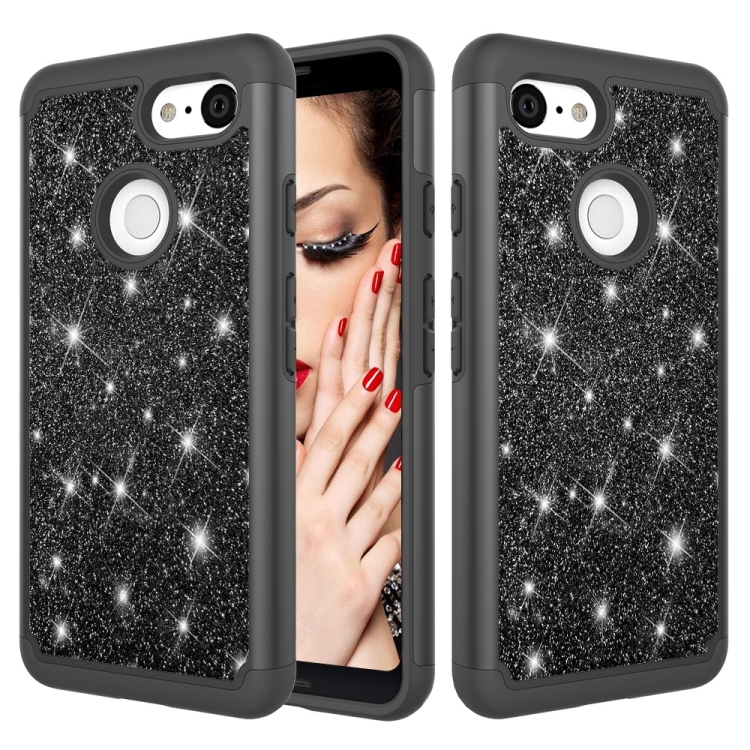 

Glitter Powder Contrast Skin Shockproof Silicone + PC Protective Case for Google Pixel 3 (Black)