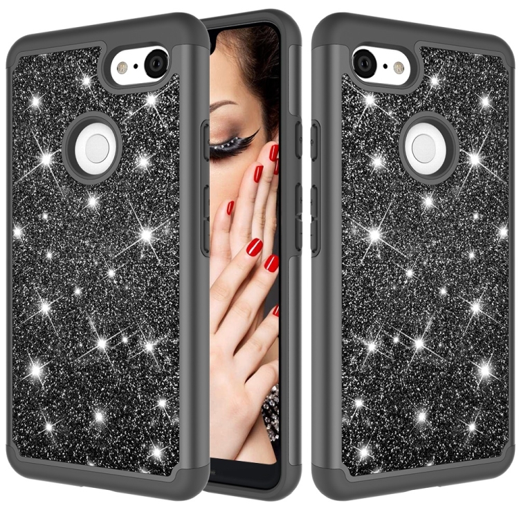 

Glitter Powder Contrast Skin Shockproof Silicone + PC Protective Case for Google Pixel 3 XL (Black)