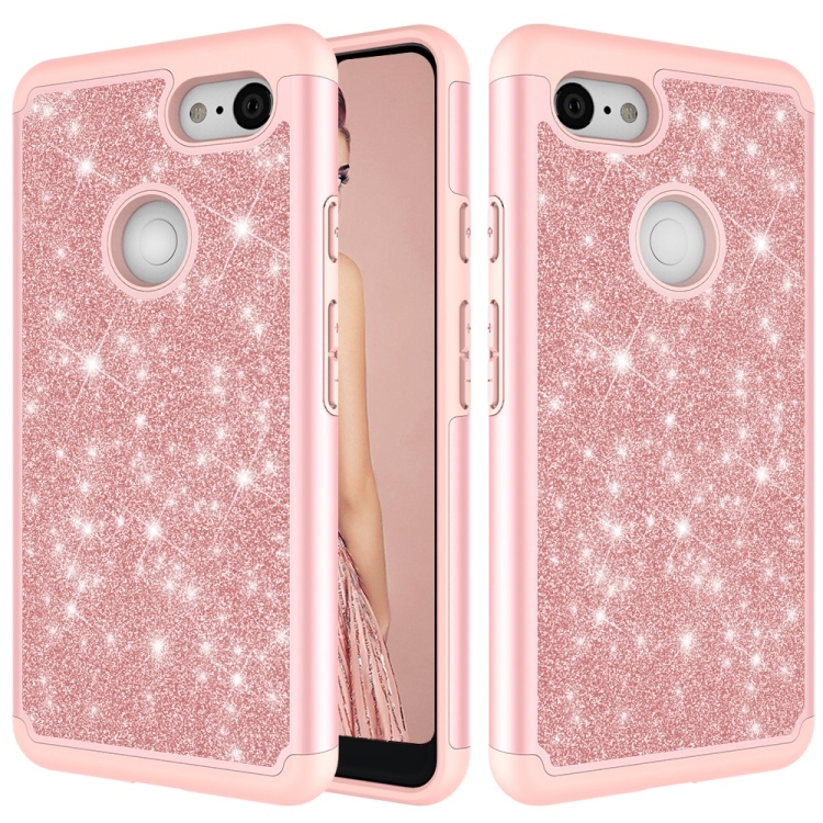 

Glitter Powder Contrast Skin Shockproof Silicone + PC Protective Case for Google Pixel 3 XL (Rose Gold)