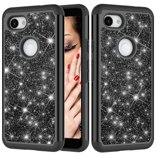 

Glitter Powder Contrast Skin Shockproof Silicone + PC Protective Case for Google Pixel 3A (Black)