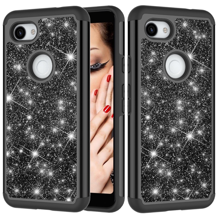 

Glitter Powder Contrast Skin Shockproof Silicone + PC Protective Case for Google Pixel 3A XL (Black)
