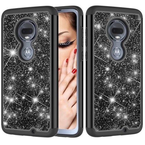 

Glitter Powder Contrast Skin Shockproof Silicone + PC Protective Case for Motorola Moto G7 / G7 Plus (Black)