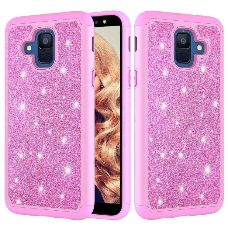 

Glitter Powder Contrast Skin Shockproof Silicone + PC Protective Case for Galaxy A6 (2018) (Pink)