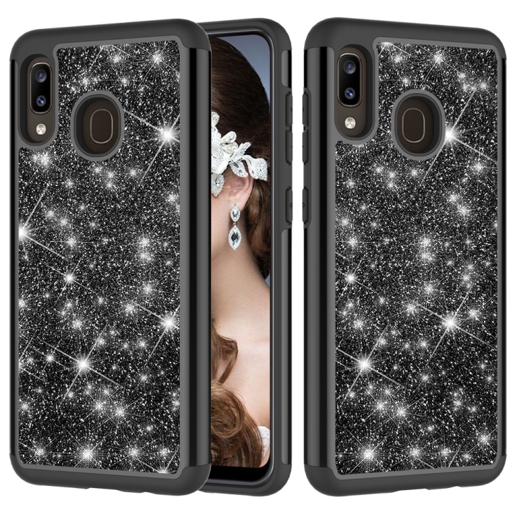 

Glitter Powder Contrast Skin Shockproof Silicone + PC Protective Case for Galaxy A20 / A30 (Black)