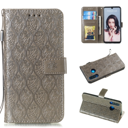 

Pressed Printing Rattan Flower Pattern Horizontal Flip PU Leather Case for Huawei P30 Lite / Nova 4e, with Holder & Card Slots & Wallet & Photo Frame (Grey)