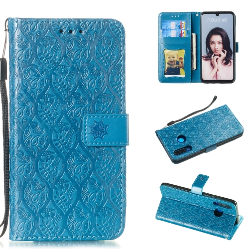 

Pressed Printing Rattan Flower Pattern Horizontal Flip PU Leather Case for Huawei P30 Lite / Nova 4e, with Holder & Card Slots & Wallet & Photo Frame (Blue)