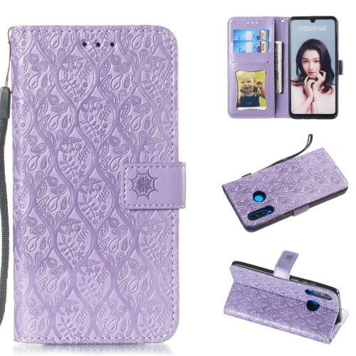 

Pressed Printing Rattan Flower Pattern Horizontal Flip PU Leather Case for Huawei P30 Lite / Nova 4e, with Holder & Card Slots & Wallet & Photo Frame (Purple)