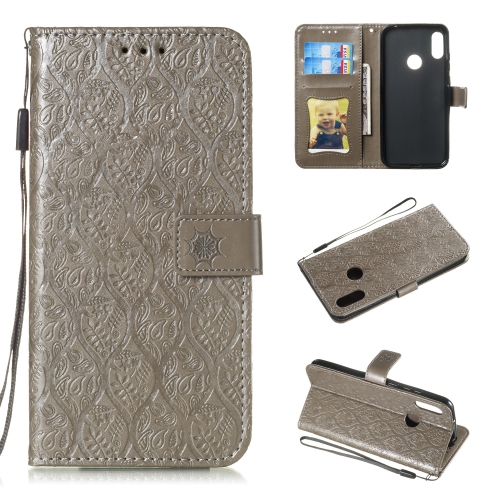 

Pressed Printing Rattan Flower Pattern Horizontal Flip PU Leather Case for Huawei Y6 2019 / Honor 8A, with Holder & Card Slots & Wallet & Photo Frame (Grey)