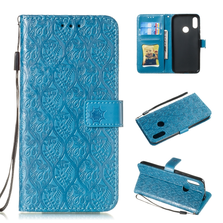 

Pressed Printing Rattan Flower Pattern Horizontal Flip PU Leather Case for Huawei Y6 2019 / Honor 8A, with Holder & Card Slots & Wallet & Photo Frame (Blue)