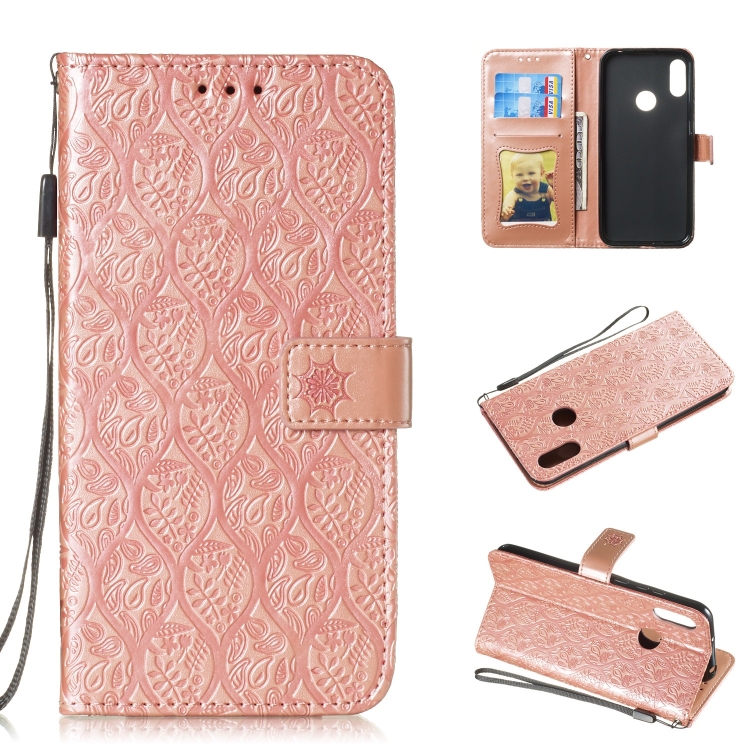 

Pressed Printing Rattan Flower Pattern Horizontal Flip PU Leather Case for Huawei Y6 2019 / Honor 8A, with Holder & Card Slots & Wallet & Photo Frame (Rose Gold)