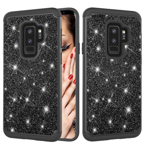 

Glitter Powder Contrast Skin Shockproof Silicone + PC Protective Case for Galaxy S9+ (Black)