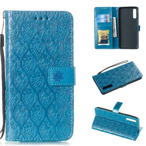 

Pressed Printing Rattan Flower Pattern Horizontal Flip PU Leather Case for Galaxy A70, with Holder & Card Slots & Wallet & Photo Frame (Blue)