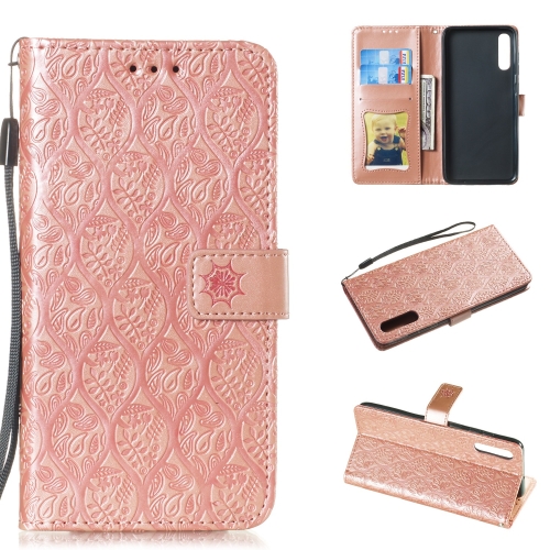 

Pressed Printing Rattan Flower Pattern Horizontal Flip PU Leather Case for Galaxy A70, with Holder & Card Slots & Wallet & Photo Frame (Rose Gold)