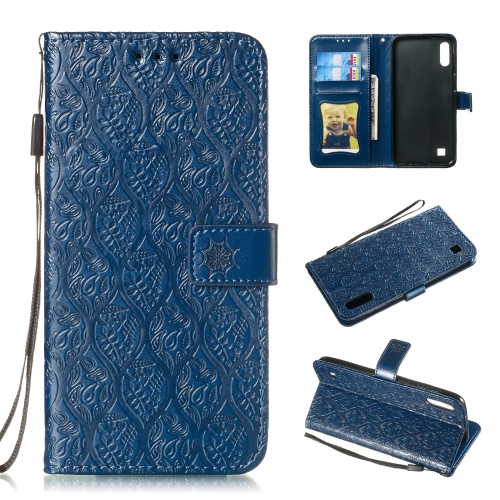 

Pressed Printing Rattan Flower Pattern Horizontal Flip PU Leather Case for Galaxy M10 / A10, with Holder & Card Slots & Wallet & Photo Frame (Dark Blue)