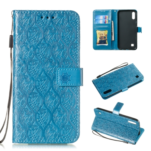 

Pressed Printing Rattan Flower Pattern Horizontal Flip PU Leather Case for Galaxy M10 / A10, with Holder & Card Slots & Wallet & Photo Frame (Blue)