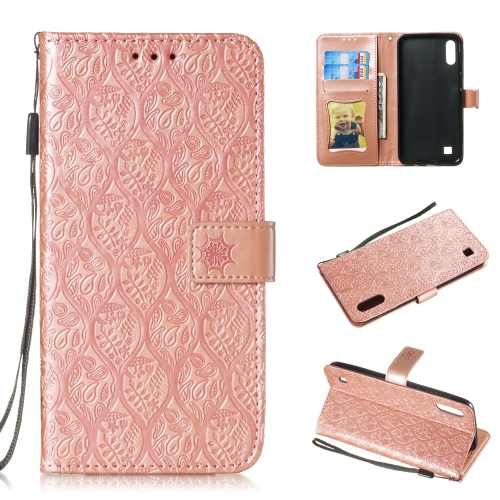 

Pressed Printing Rattan Flower Pattern Horizontal Flip PU Leather Case for Galaxy M10 / A10, with Holder & Card Slots & Wallet & Photo Frame (Rose Gold)