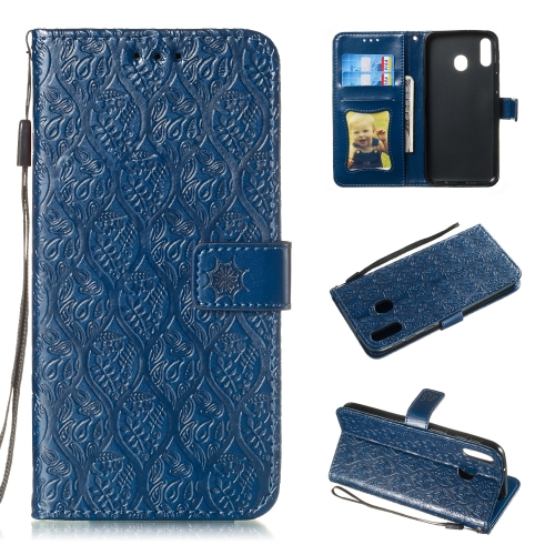 

Pressed Printing Rattan Flower Pattern Horizontal Flip PU Leather Case for Galaxy M20, with Holder & Card Slots & Wallet & Photo Frame (Dark Blue)