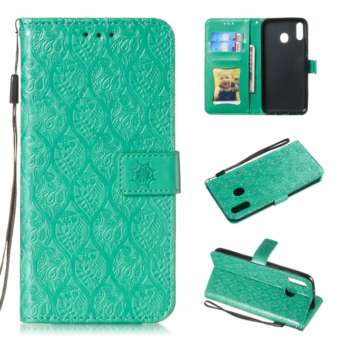 

Pressed Printing Rattan Flower Pattern Horizontal Flip PU Leather Case for Galaxy M20, with Holder & Card Slots & Wallet & Photo Frame (Green)