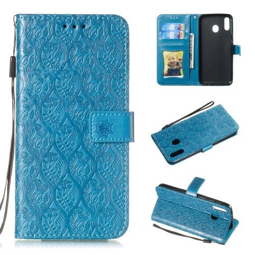 

Pressed Printing Rattan Flower Pattern Horizontal Flip PU Leather Case for Galaxy M20, with Holder & Card Slots & Wallet & Photo Frame (Blue)