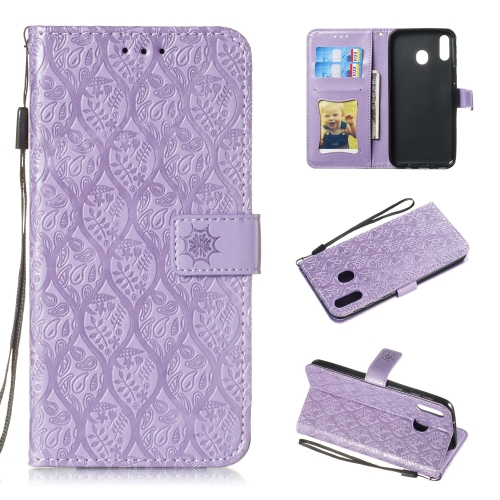 

Pressed Printing Rattan Flower Pattern Horizontal Flip PU Leather Case for Galaxy M20, with Holder & Card Slots & Wallet & Photo Frame (Purple)