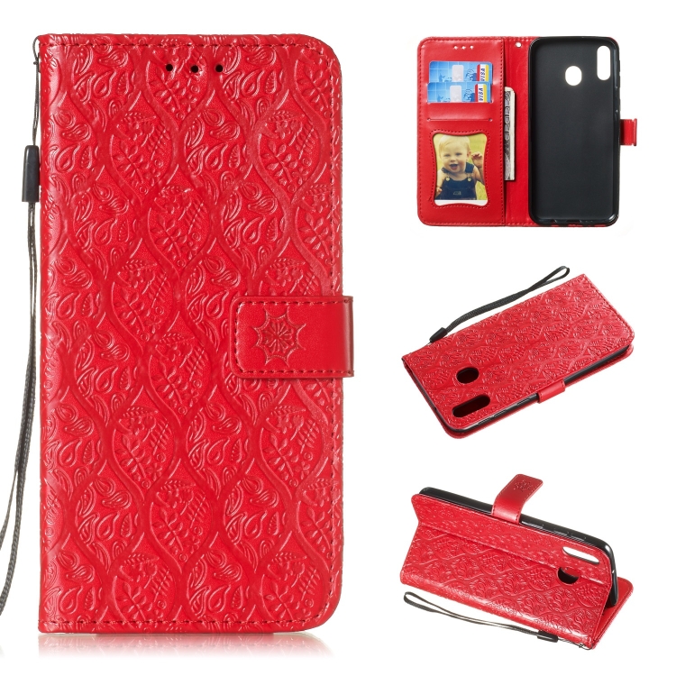 

Pressed Printing Rattan Flower Pattern Horizontal Flip PU Leather Case for Galaxy M20, with Holder & Card Slots & Wallet & Photo Frame (Red)