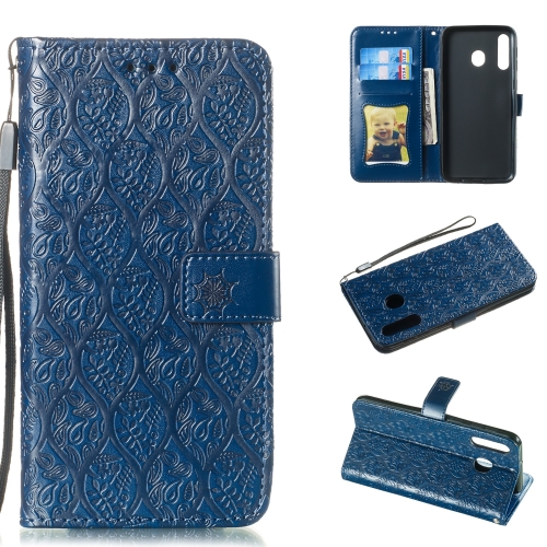 

Pressed Printing Rattan Flower Pattern Horizontal Flip PU Leather Case for Galaxy M30, with Holder & Card Slots & Wallet & Photo Frame (Dark Blue)