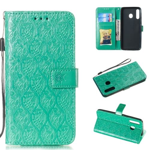 

Pressed Printing Rattan Flower Pattern Horizontal Flip PU Leather Case for Galaxy M30, with Holder & Card Slots & Wallet & Photo Frame (Green)