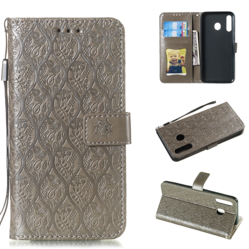 

Pressed Printing Rattan Flower Pattern Horizontal Flip PU Leather Case for Galaxy M30, with Holder & Card Slots & Wallet & Photo Frame (Grey)