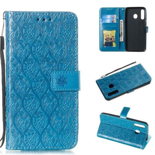 

Pressed Printing Rattan Flower Pattern Horizontal Flip PU Leather Case for Galaxy M30, with Holder & Card Slots & Wallet & Photo Frame (Blue)