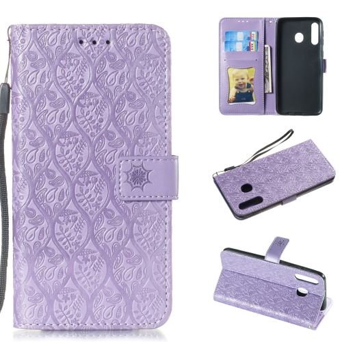 

Pressed Printing Rattan Flower Pattern Horizontal Flip PU Leather Case for Galaxy M30, with Holder & Card Slots & Wallet & Photo Frame (Purple)